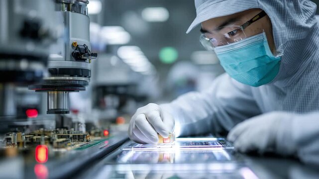 Focused Asian male technician in cleanroom examining microchip with precision tools in high-tech lab