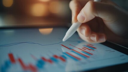 Close up of a hand using a stylus on a tablet displaying stock market charts. - Powered by Adobe