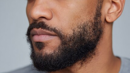 Obraz premium African American man with a well-groomed beard and short hair is posing against a neutral background, showcasing facial features and grooming style in a close-up portrait