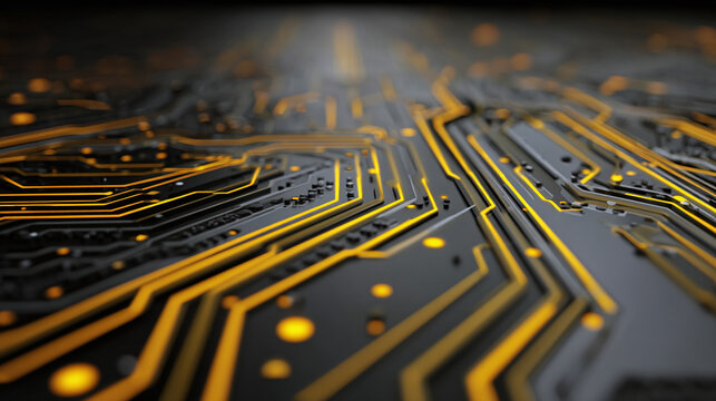A close-up view of a circuit board illuminated with vibrant golden light, showcasing intricate pathways and electronic components.  - Powered by Adobe