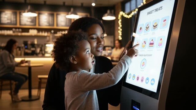 A mother and child interact with a modern touch screen display to select from menu of treats. Capturing the essence of connection and convenience in a vibrant cafe setting.