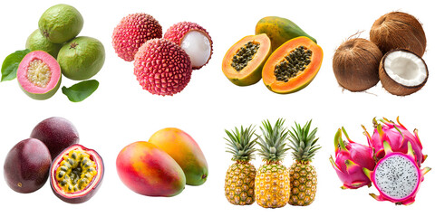 Set of various ripe tropical fruits: mango, coconut, papaya, lychee, dragonfruit, pineapple, passion fruit, guava, isolated on a transparent background PNG