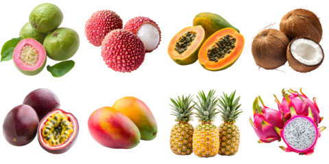 Set of various ripe tropical fruits: mango, coconut, papaya, lychee, dragonfruit, pineapple, passion fruit, guava, isolated on a transparent background PNG