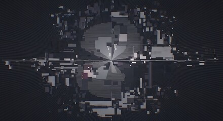 Abstract digital glitch art with fragmented geometric patterns and dark tones.