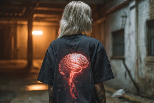 Woman stands with her back facing the viewer, wearing a dark shirt featuring a vivid brain graphic in a dimly lit urban setting during the nighttime