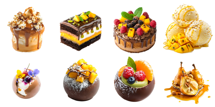 Set of various delicious sweet desserts isolated on a transparent background PNG