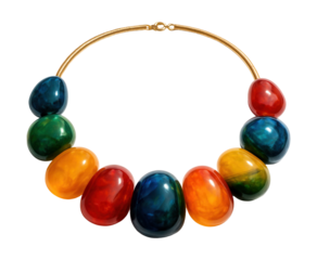 Statement collar necklace adorned with oversized multicolored resin beads.