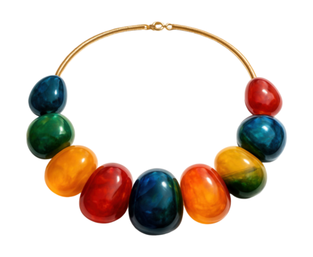 Statement collar necklace adorned with oversized multicolored resin beads.