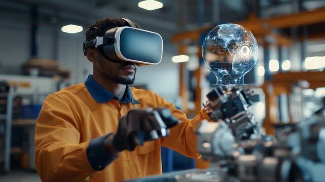 VR Technology and Manufacturing: A skilled professional is fully immersed in a virtual reality experience, manipulating robotic arms with precision in a modern industrial setting.