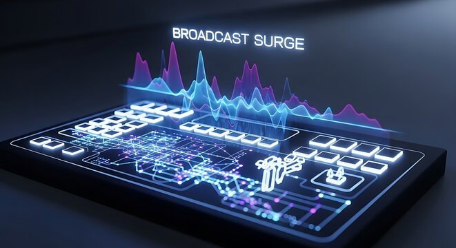 Futuristic glowing control panel with holographic "BROADCAST SURGE" display and data waveforms, illustrating advanced media technology.