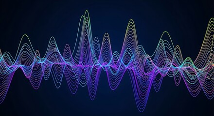 Abstract visualization of sound waves or data streams with colorful, undulating lines on a dark background.