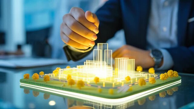 An urban architect envisions a glowing cityscape model, visualizing progress and the realization of design, showcasing visionary construction and building of future.