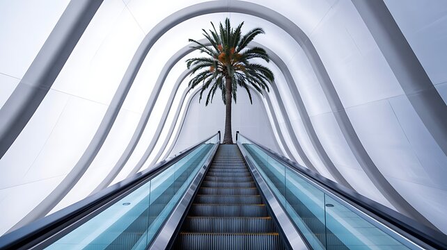 Sleek escalator ascends towards a palm tree in a modern setting - Powered by Adobe