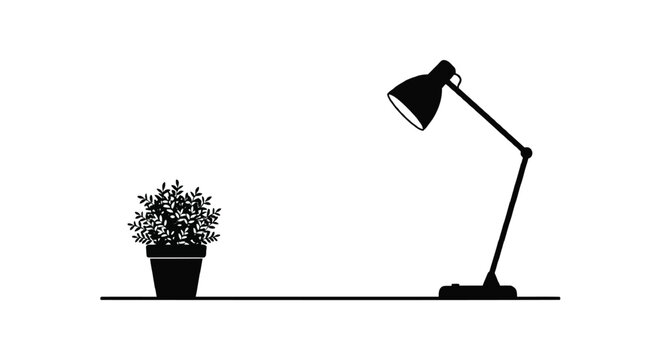 Minimalist black silhouette of a potted plant and a desk lamp on a white background