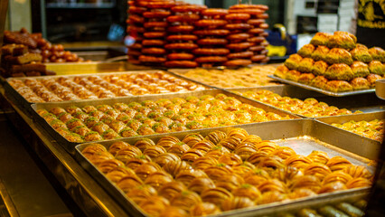 Baklava presentation in a dessert shop's window