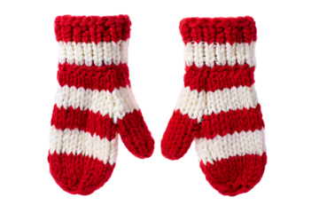 Pair of cozy red and white striped knitted mittens isolated on transparent background, perfect for winter holiday concepts, cold weather, christmas themes