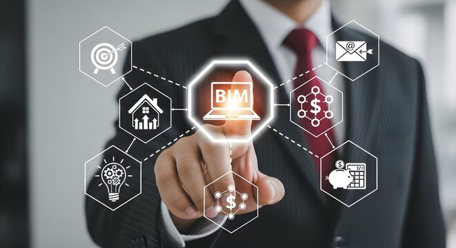 Businessman in suit touching a digital BIM icon, surrounded by related symbols, representing building information modeling and technology.