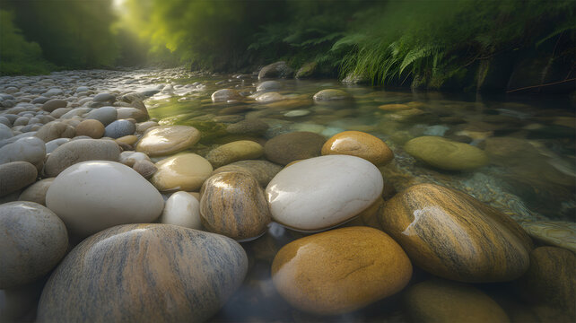 Tranquil River Scene with Smooth Stones and Clear Water Flowing Through Lush Greenery, Creating a Serene and Peaceful Natural Landscape