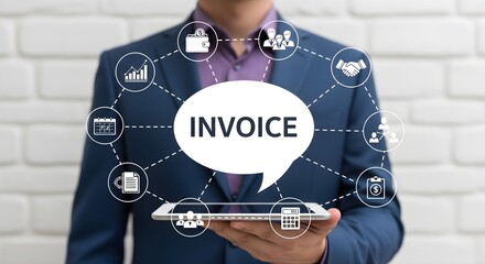 A businessman holds a tablet displaying "INVOICE" surrounded by business-related icons against a white brick wall background.