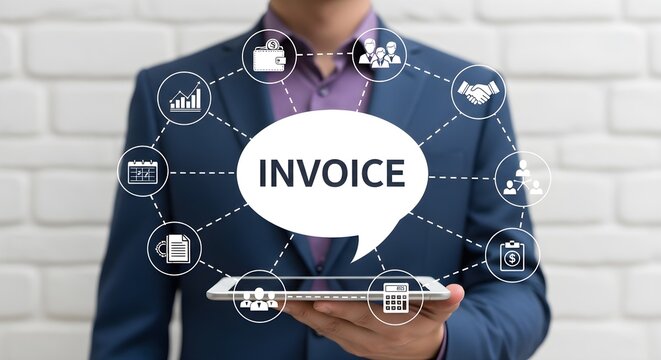 A businessman holds a tablet displaying "INVOICE" surrounded by business-related icons against a white brick wall background.