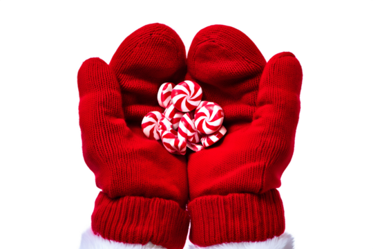 Cozy pair of festive knitted mittens holding sweet red and white peppermint candies, symbolizing winter holidays and christmas treats