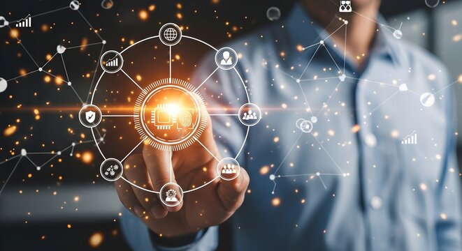 A person in a blue shirt touches a glowing digital interface with interconnected icons, representing technology and networking. - Powered by Adobe