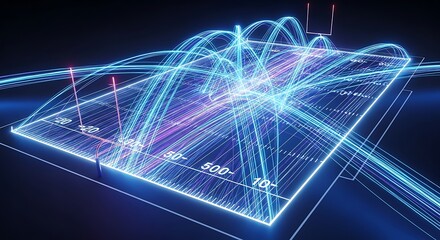 Abstract digital visualization of data flow and network connections across a glowing grid, representing complex information systems and technological advancements.