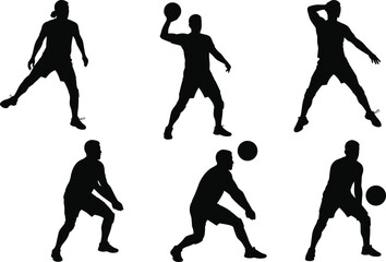 Basketball player silhouette collection, dynamic sports poses vector illustration, dribbling shooting passing actions, athletic movement design, black silhouette art, training and game concept