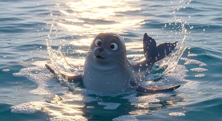An adorable animated baby seal with large eyes splashes playfully in the sunlit ocean water.