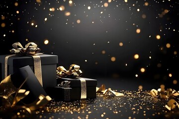 Black gift boxes with confetti.