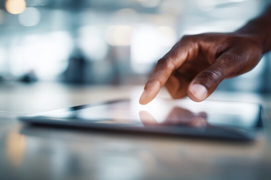Person using a tablet device. Digital interactions and activities. Man holding a pad. Remote learning, social distance working, ordering buying online, reading e book. Close-Up view, Modern Technology