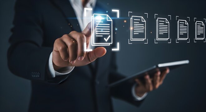 A businessman in a suit interacts with digital document icons floating above a tablet, representing document management and approval processes.