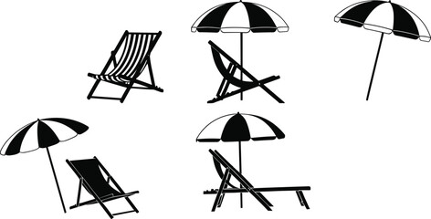 Beach umbrella and chair silhouettes, summer vacation vector illustration, outdoor leisure furniture design, seaside relaxation elements, holiday resort artwork, black silhouette style