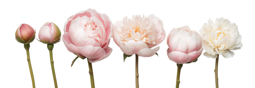A line of peony blossoms showcases the different stages of flower blooming, from bud to full bloom.