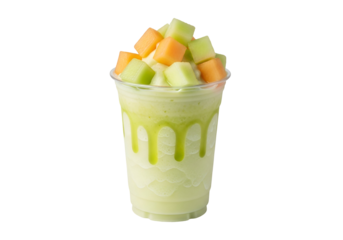 A refreshing, vibrant green smoothie drink topped with cubed cantaloupe and honeydew melon.