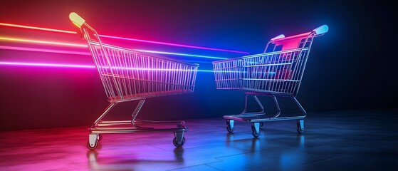 Metal shopping cart with neon glow.