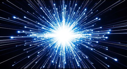 Bright blue light streaks radiating outwards from a central glowing point on a dark background, creating an abstract starburst effect.