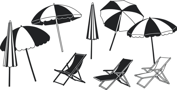 Beach umbrella vector illustration, lounge chair silhouettes, summer vacation design, outdoor leisure elements, poolside relaxation icons, holiday resort furniture, black and white