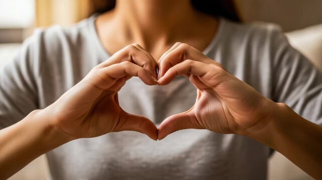 Close up of womans hands making a heart shape to express love and affection