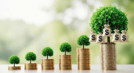 Conceptual image of successful financial growth and investment returns, with trees growing on increasing stacks of gold coins