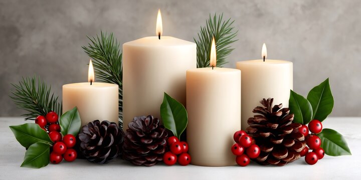 Lit advent candles with festive pinecones and holly