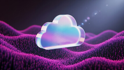 abstract holographic cloud icon over purple digital landscape background