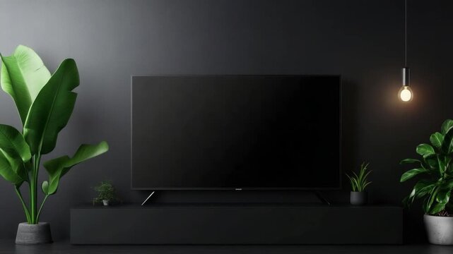 Minimalist TV Setup: A sleek, modern black TV screen stands against a dark backdrop, accented by potted plants, creating a serene and contemporary space.
