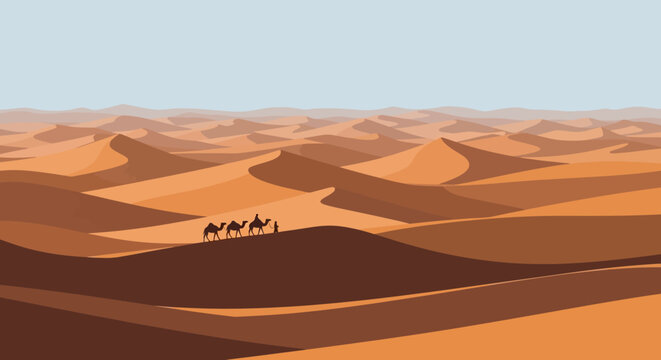 Camels walking across vast desert sand dunes under a clear sky.