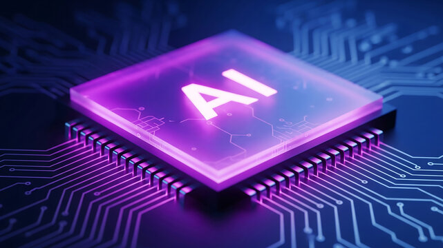 ai microchip glowing circuit. neon glowing artificial intelligence microchip on circuit board background