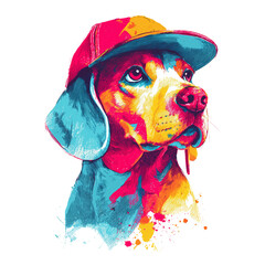 Vibrant pop art beagle dog wearing a colorful baseball cap portrait isolated on transparent background