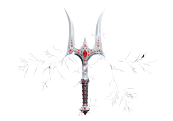 A metallic, ornate blade, adorned with ruby jewels, is enveloped by a powerful electrical discharge against a black background.