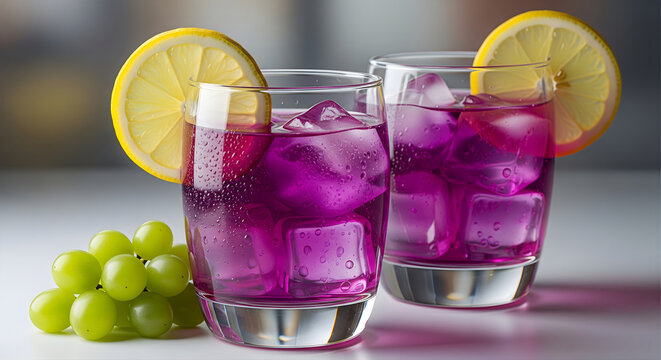 Refreshing grape juice with lemon slices served in clear glass with ice cubes vibrant purple beverage accompanied by fresh grapes on bright background