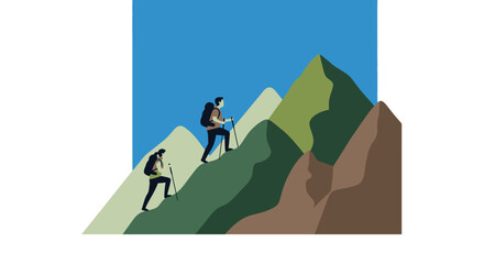 Hikers Ascending a Mountain - A Vector Illustration.