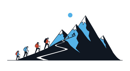 Hikers Ascending a Winding Mountain Path Under a Clear Sky.